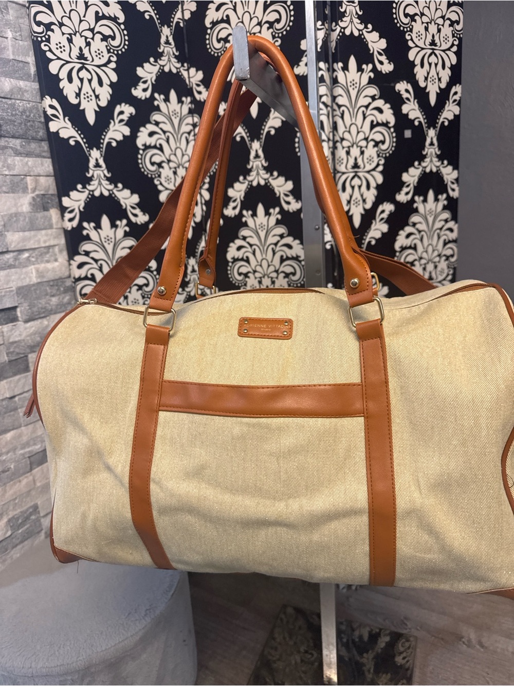 Adrienne Vittadini Canvas Weekender Duffel Bag with Tan Trim travel bag